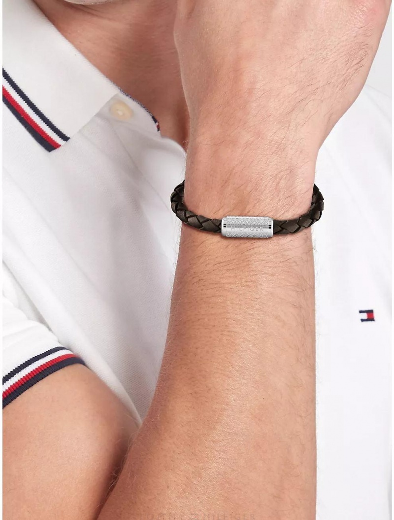 Tommy Hilfiger Adjustable Braided Tobacco Leather Bracelet Jewelry Brown | 8531-ZAOTC