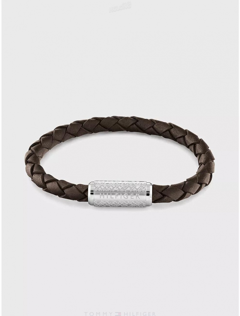 Tommy Hilfiger Adjustable Braided Tobacco Leather Bracelet Jewelry Brown | 8531-ZAOTC