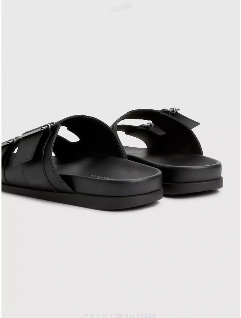 Tommy Hilfiger Adjustable Leather Strap Sandal Shoes Black | 3209-QBHWJ