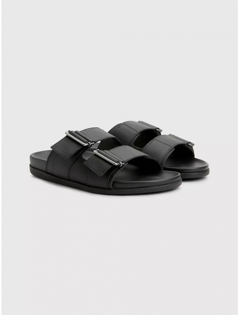 Tommy Hilfiger Adjustable Leather Strap Sandal Shoes Black | 3209-QBHWJ