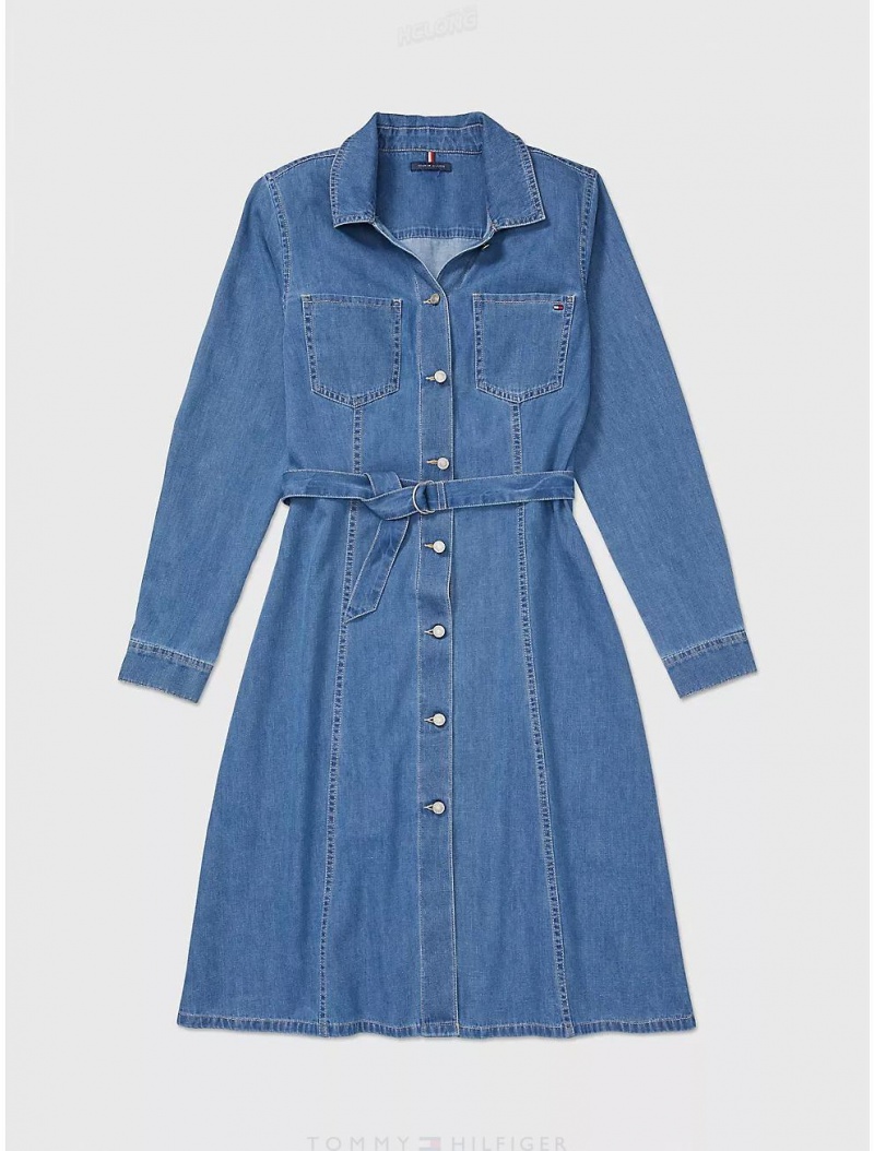 Tommy Hilfiger Belted Denim Dress Dresses & Skirts Mid Blue | 8293-KCELI