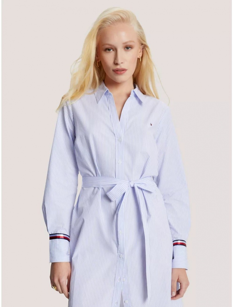 Tommy Hilfiger Belted Poplin Shirtdress Dresses & Skirts Seldom Blue/Optic White | 2451-STPQG