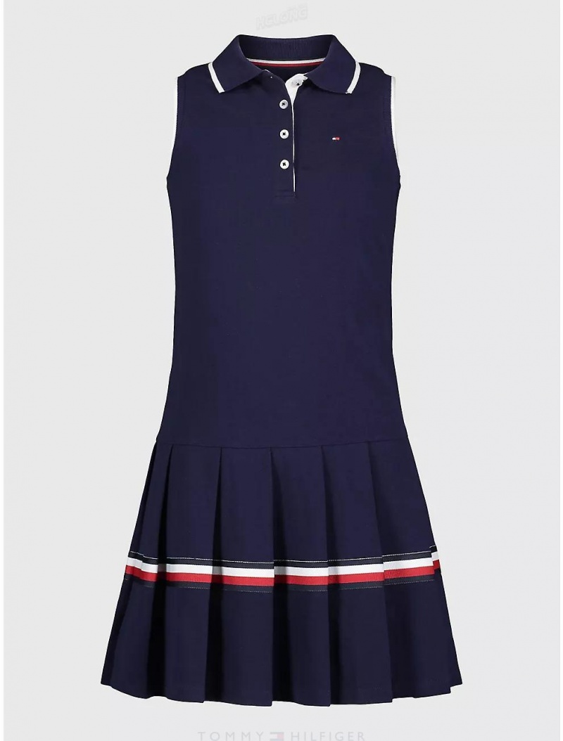 Tommy Hilfiger Big Kids' Pleated Polo Dress Dresses & Skirts Evening Blue | 2947-CZVKU