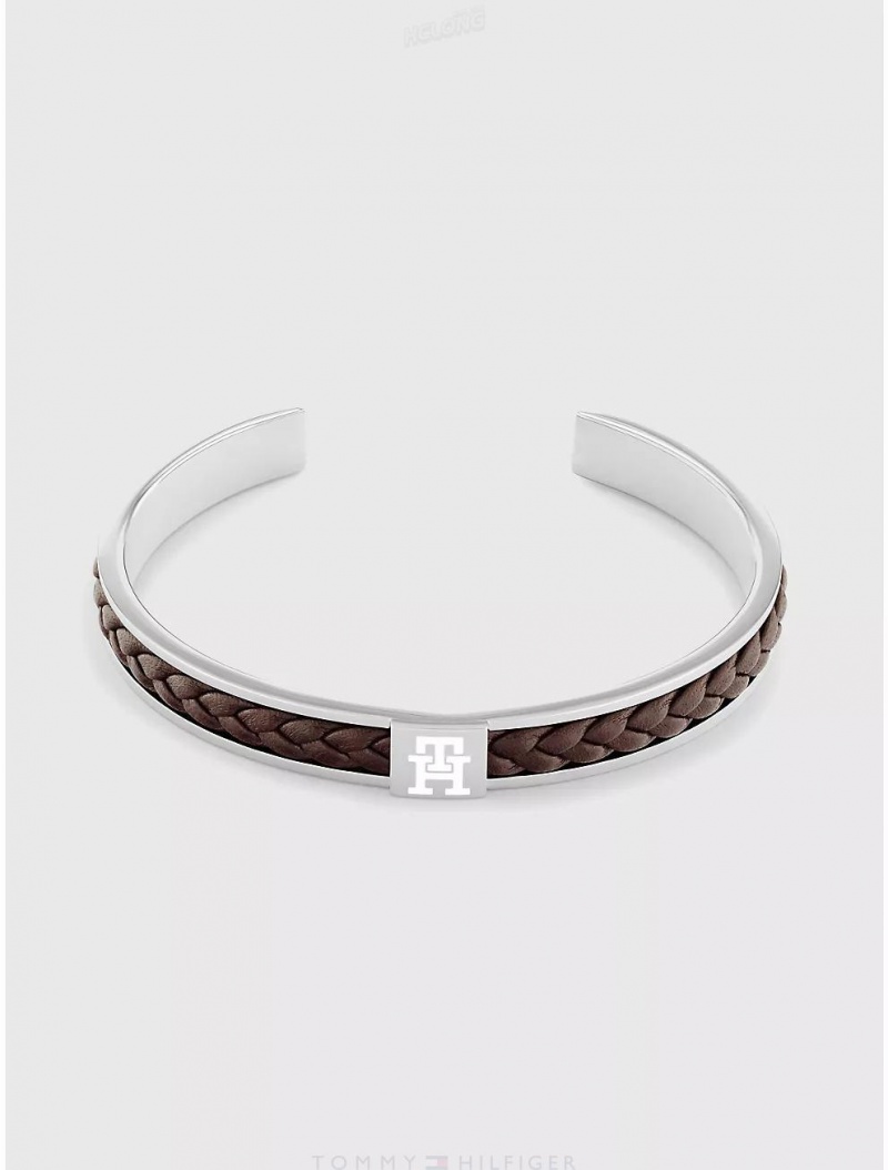 Tommy Hilfiger Braided Brown Leather Metal Bracelet Jewelry Brown | 2854-RCEQI