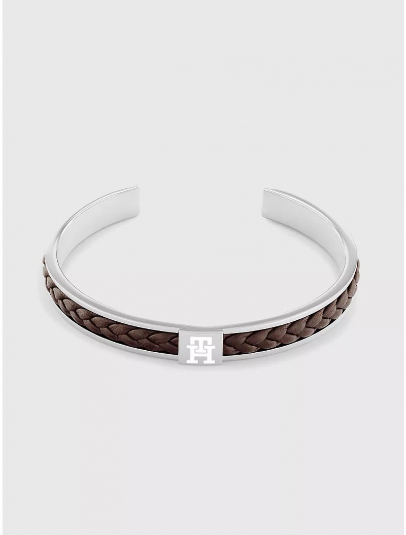 Tommy Hilfiger Braided Brown Leather Metal Bracelet Jewelry Brown | 2854-RCEQI