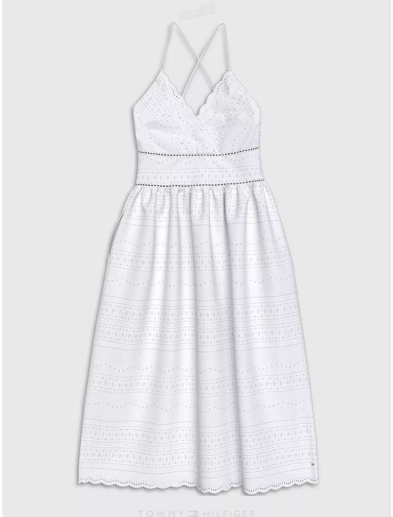 Tommy Hilfiger Broderie Midi Dress Dresses & Skirts Optic White | 7203-FJYNR