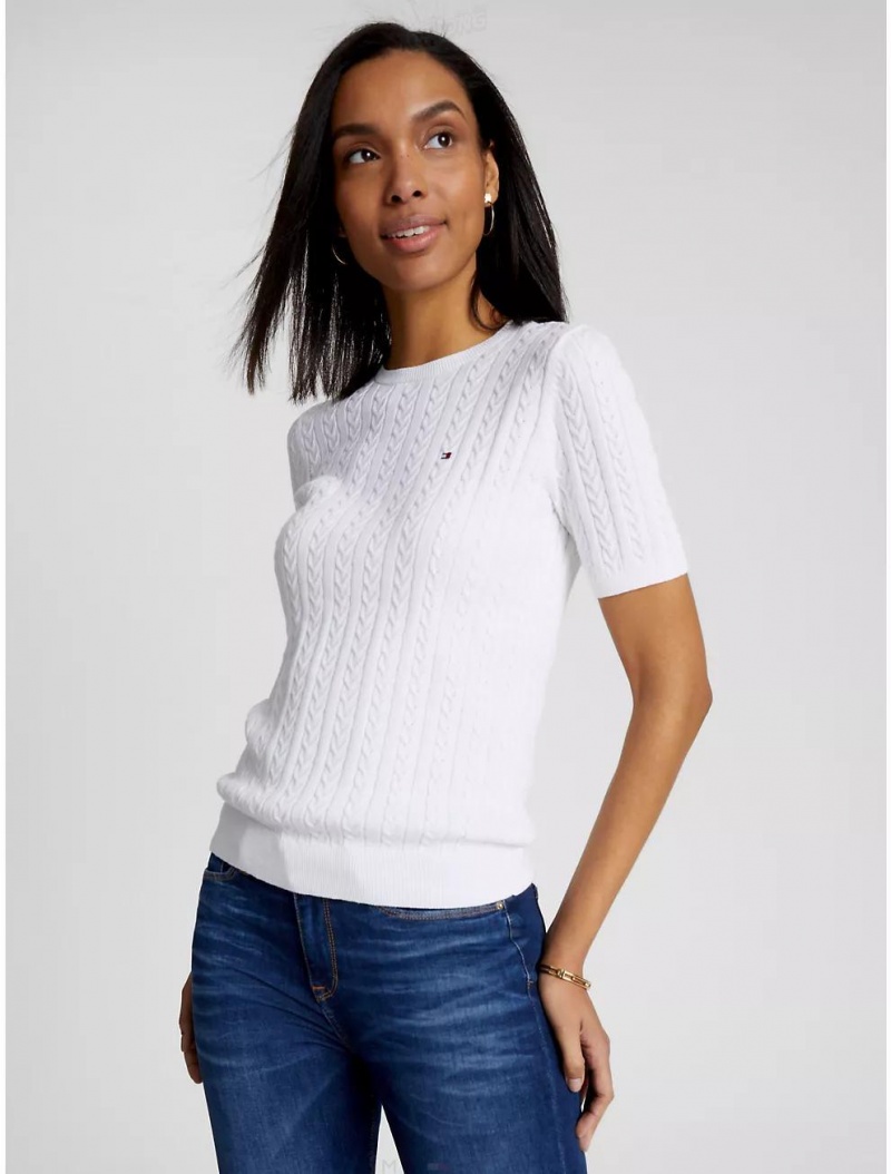Tommy Hilfiger Cable Knit Short-Sleeve Sweater Sweaters Optic White | 1094-LHYJB