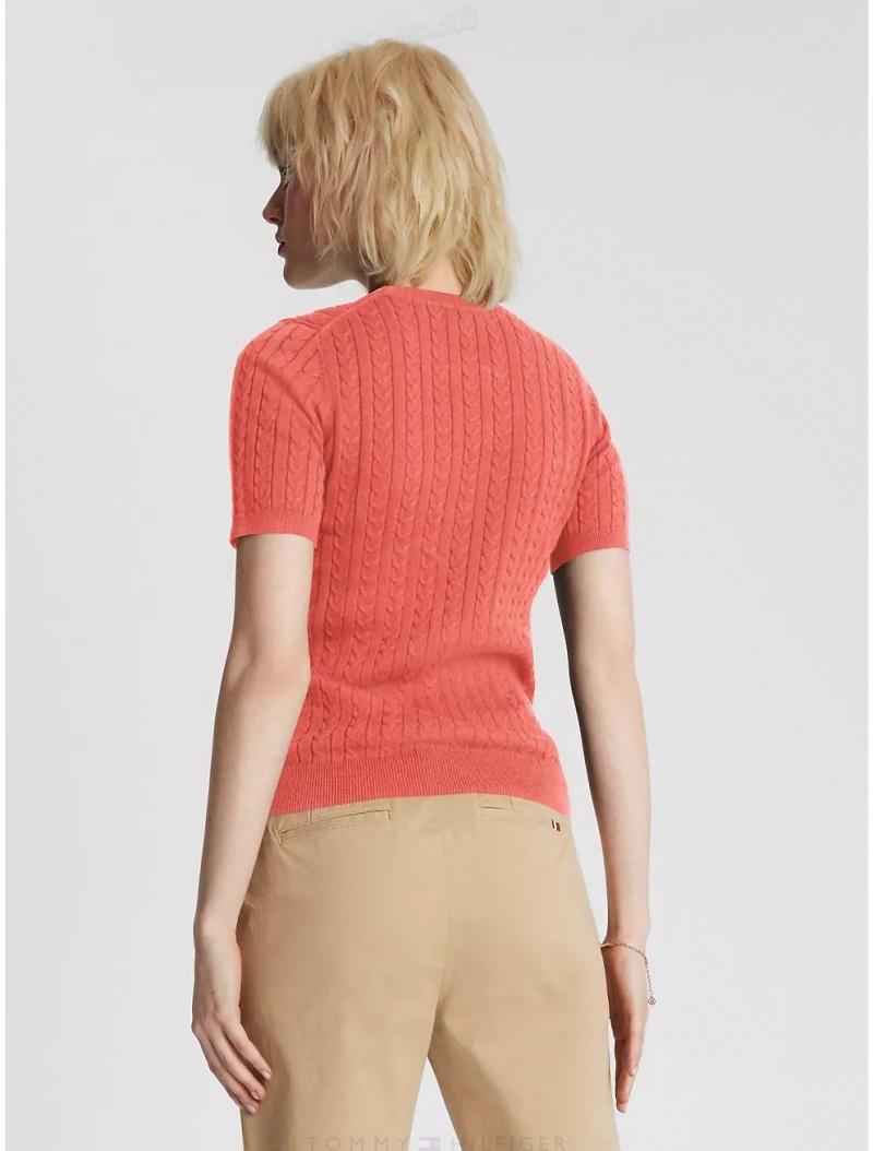 Tommy Hilfiger Cable Knit Short-Sleeve Sweater Sweaters Coral Blossom | 7029-KJSMO