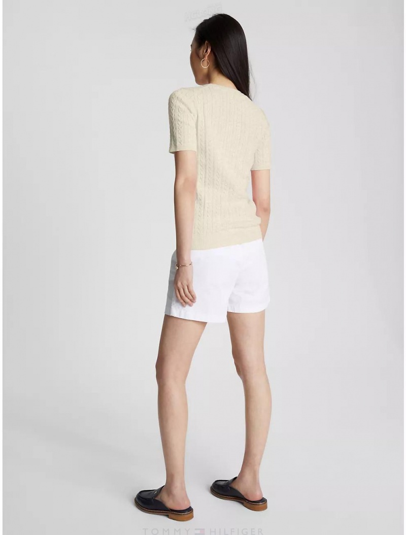 Tommy Hilfiger Cable Knit Short-Sleeve Sweater Sweaters Cream Heather | 2579-ZMKAX