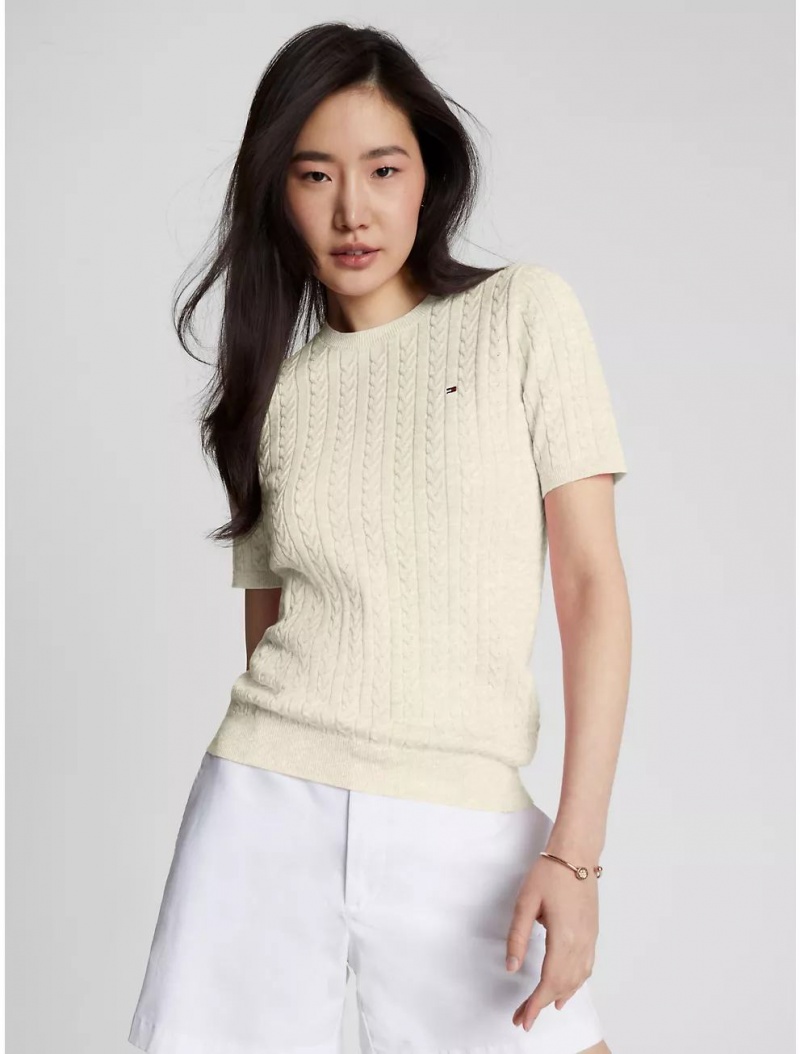 Tommy Hilfiger Cable Knit Short-Sleeve Sweater Sweaters Cream Heather | 2579-ZMKAX