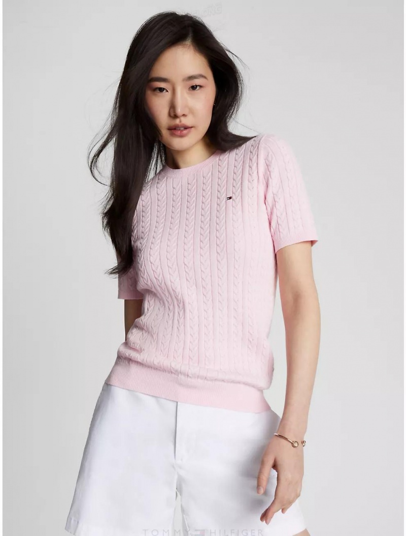 Tommy Hilfiger Cable Knit Short-Sleeve Sweater Sweaters Pastel Pink | 2314-TECDB