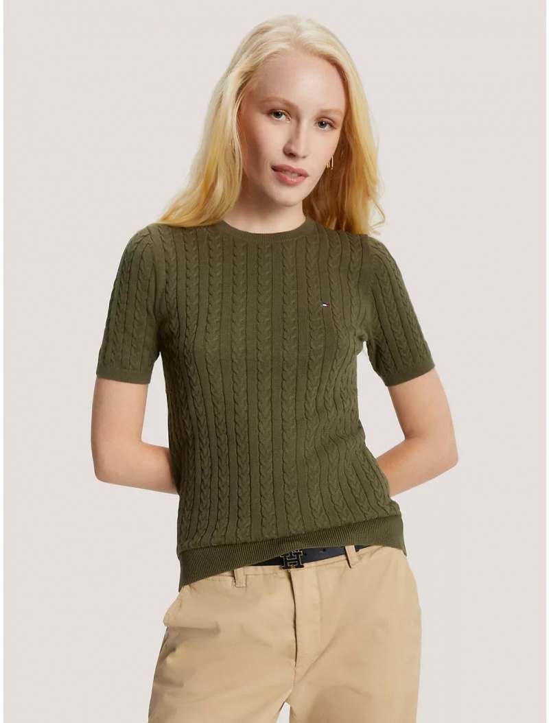 Tommy Hilfiger Cable Knit Short-Sleeve Sweater Sweaters Army Green | 4015-GQCUA