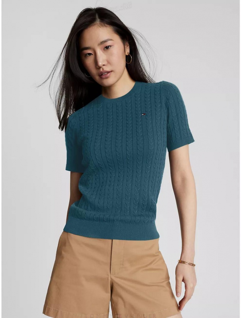 Tommy Hilfiger Cable Knit Short-Sleeve Sweater Sweaters Dusty Galaxy | 4830-MEYIR