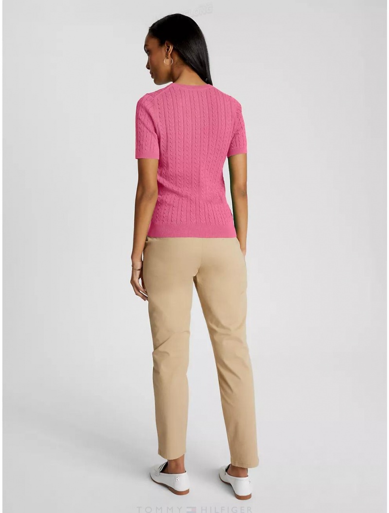 Tommy Hilfiger Cable Knit Short-Sleeve Sweater Sweaters Pink Taffy | 4109-LHVYK