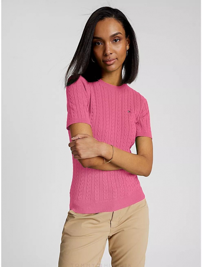 Tommy Hilfiger Cable Knit Short-Sleeve Sweater Sweaters Pink Taffy | 4109-LHVYK