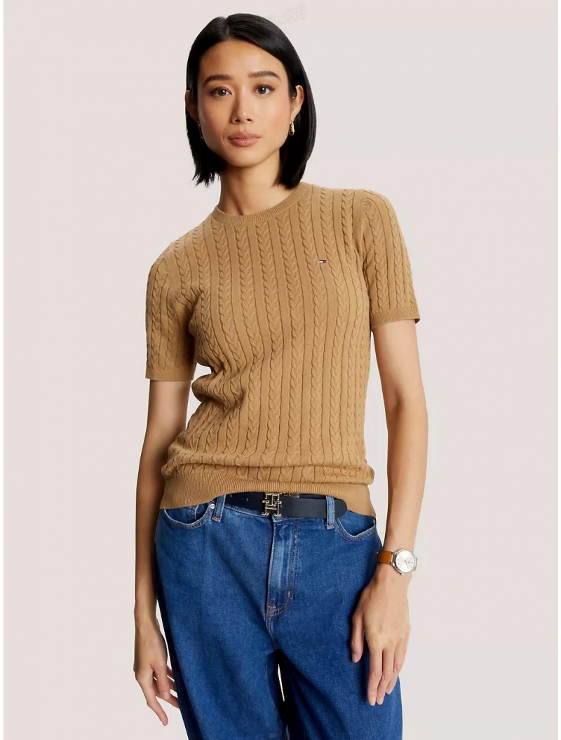 Tommy Hilfiger Cable Knit Short-Sleeve Sweater Sweaters Pinecone Tan | 6983-CIKQE