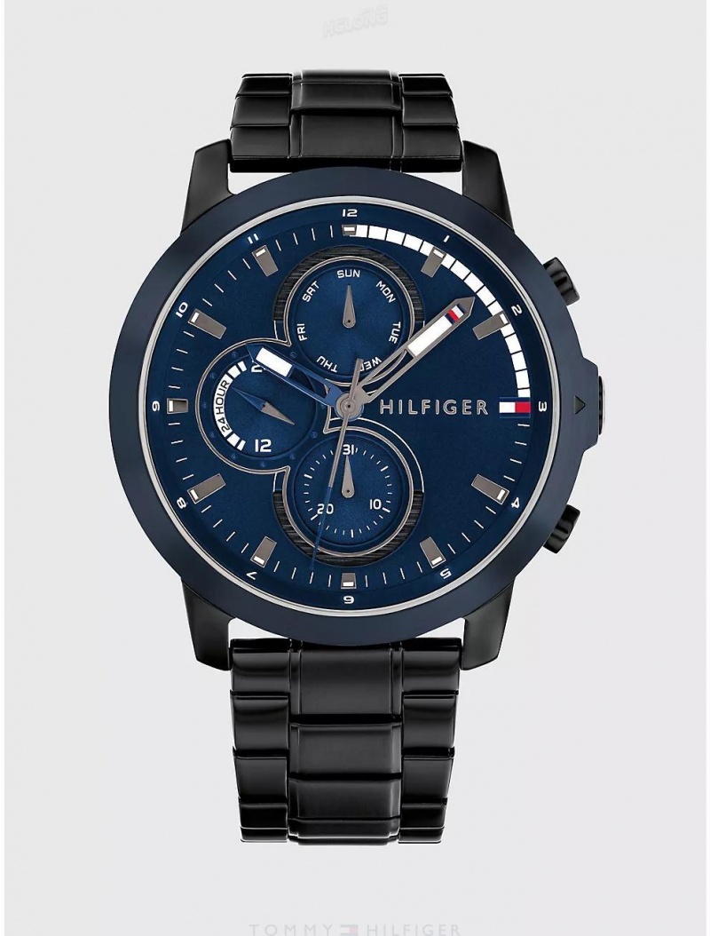 Tommy Hilfiger Casual Sub-Dials Watch with Black Ion-Plated Bracelet Watches Blue | 4716-LCNWS