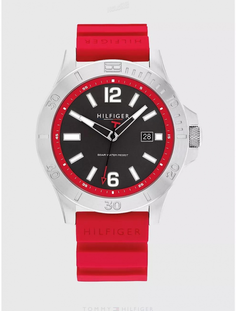 Tommy Hilfiger Casual Watch with Red Silicone Strap Watches Black | 1469-SGBDE