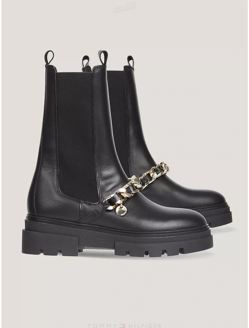 Tommy Hilfiger Chain Leather Chelsea Boot Shoes Black | 3497-GLOAU