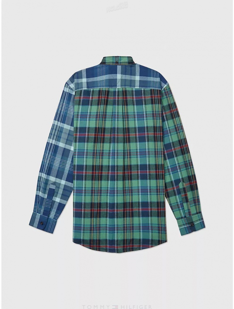 Tommy Hilfiger Classic Fit Pieced Plaid Shirt Tops Alfalfa Blue | 5942-NSJGU