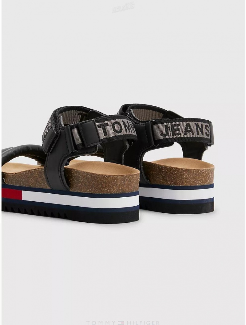 Tommy Hilfiger Cleated Flag Strap Sandal Shoes Black | 2468-BIZPR