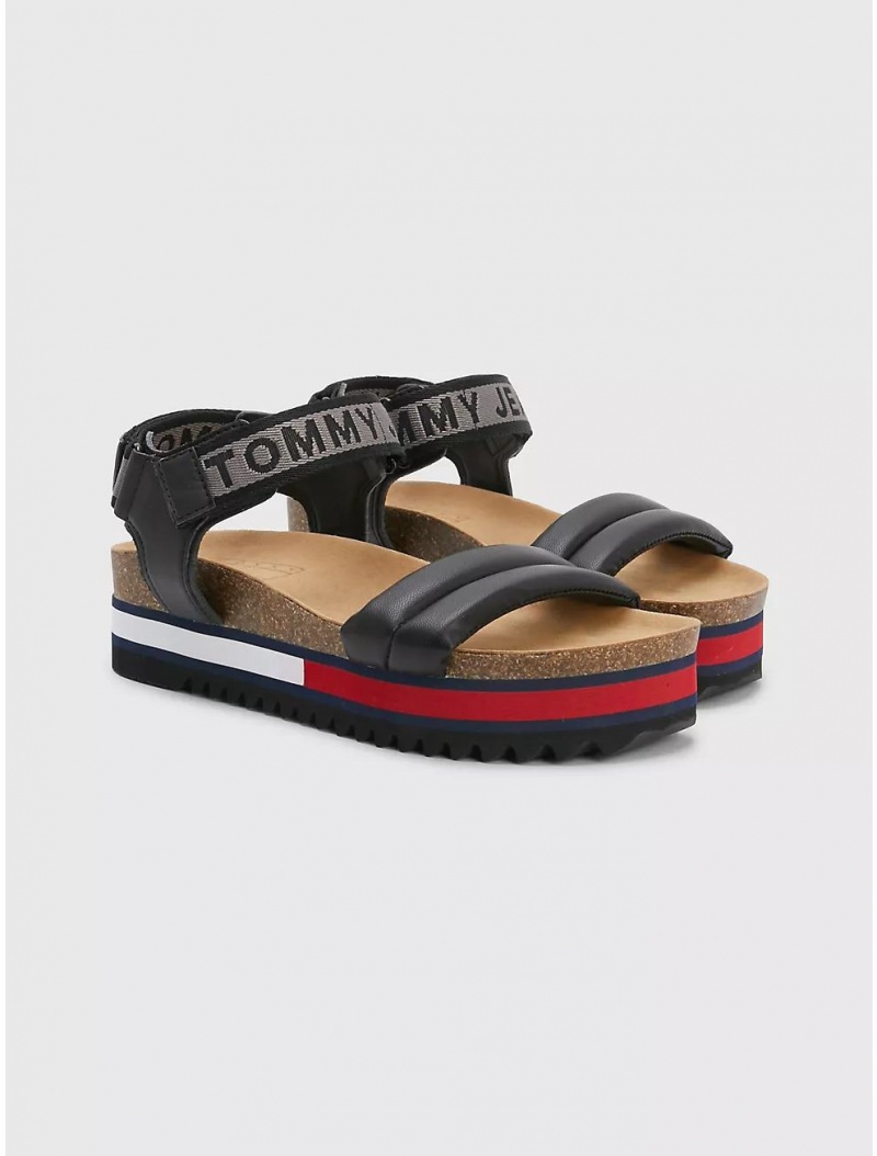 Tommy Hilfiger Cleated Flag Strap Sandal Shoes Black | 2468-BIZPR