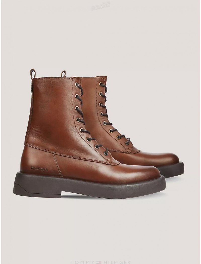 Tommy Hilfiger Cognac Leather Boot Shoes Winter Cognac | 1590-RHNPG