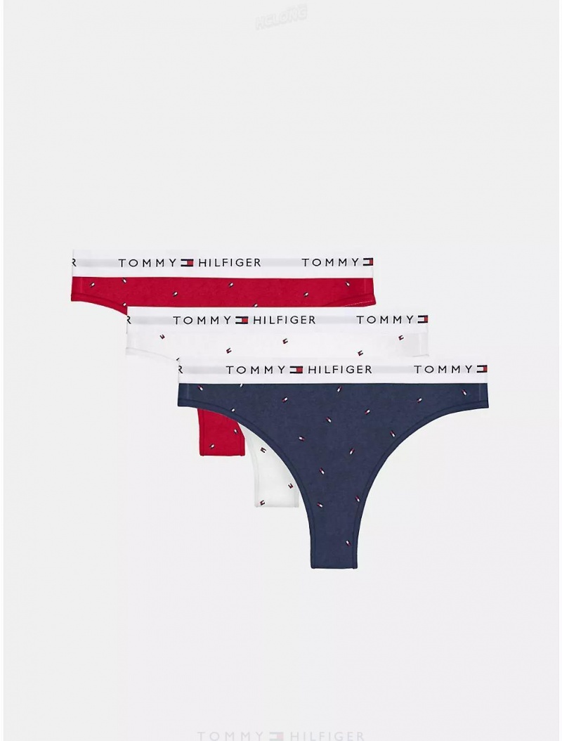 Tommy Hilfiger Cotton Classic Thong 3-Pack Panties Red/White/Navy Mini Flag | 4160-HKCYX