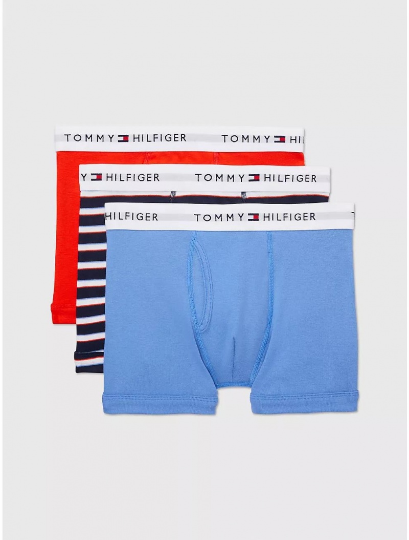 Tommy Hilfiger Cotton Classics Trunk 3-Pack Underwear Blue Yonder/Navy Multi Stripe/Fiery Red | 1405-OHLXI