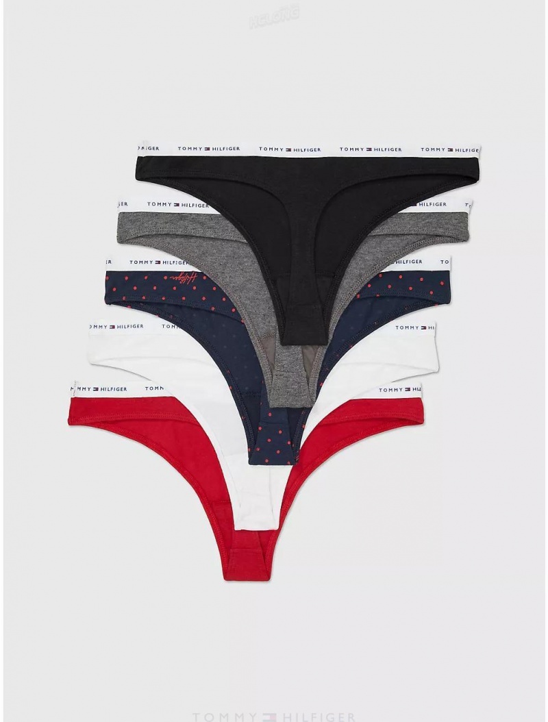 Tommy Hilfiger Cotton Thong 5-Pack Panties Sarif Placement | 8692-KWITX