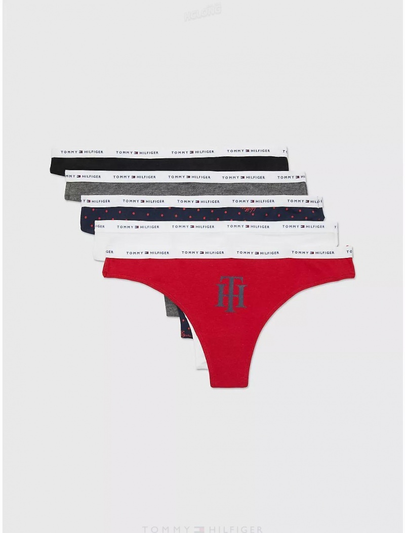 Tommy Hilfiger Cotton Thong 5-Pack Panties Sarif Placement | 8692-KWITX