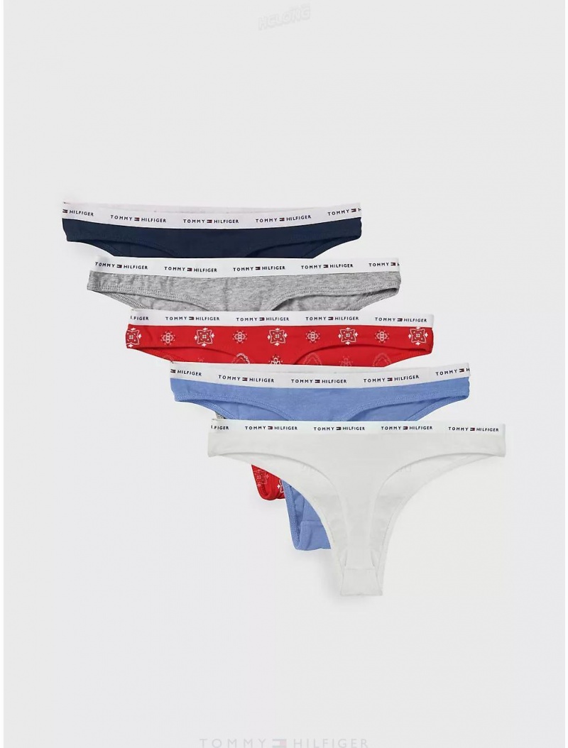 Tommy Hilfiger Cotton Thong 5-Pack Panties Hilfiger Deco Outline Bright White/Heather Grey/Bandana Print Ap | 9084-PBXQR