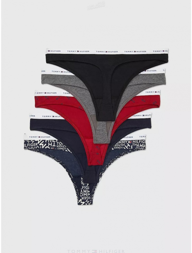 Tommy Hilfiger Cotton Thong 5-Pack Panties Flag City Grid | 7318-KMDWH