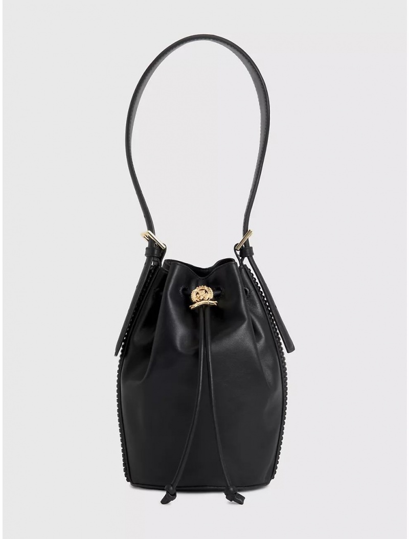 Tommy Hilfiger Crest Leather Bucket Bag Bags Black | 5462-NAZCS