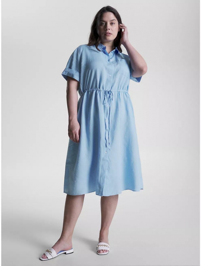 Tommy Hilfiger Curve Linen Shirtdress Dresses & Skirts Vessel Blue | 0689-FQIRJ