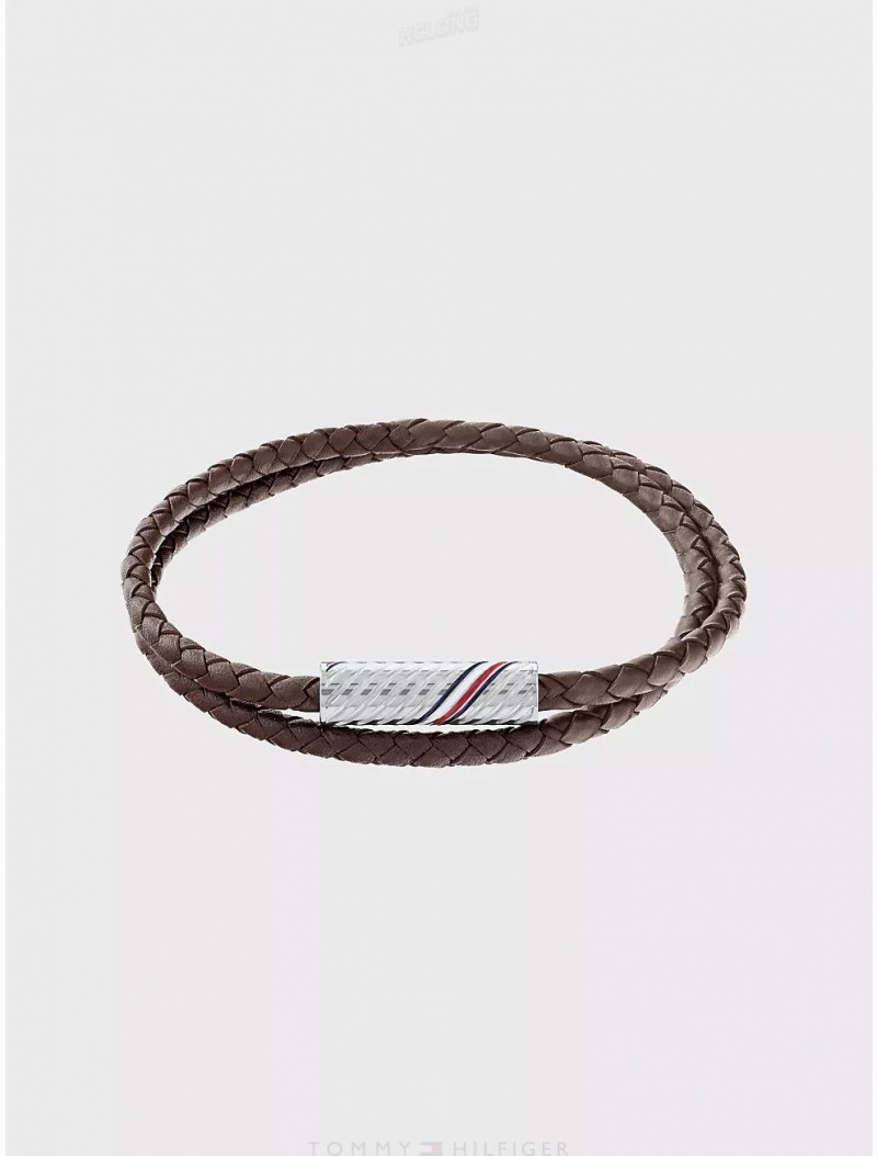 Tommy Hilfiger Double Braided Brown Leather Bracelet Jewelry Brown | 9385-CZVLA