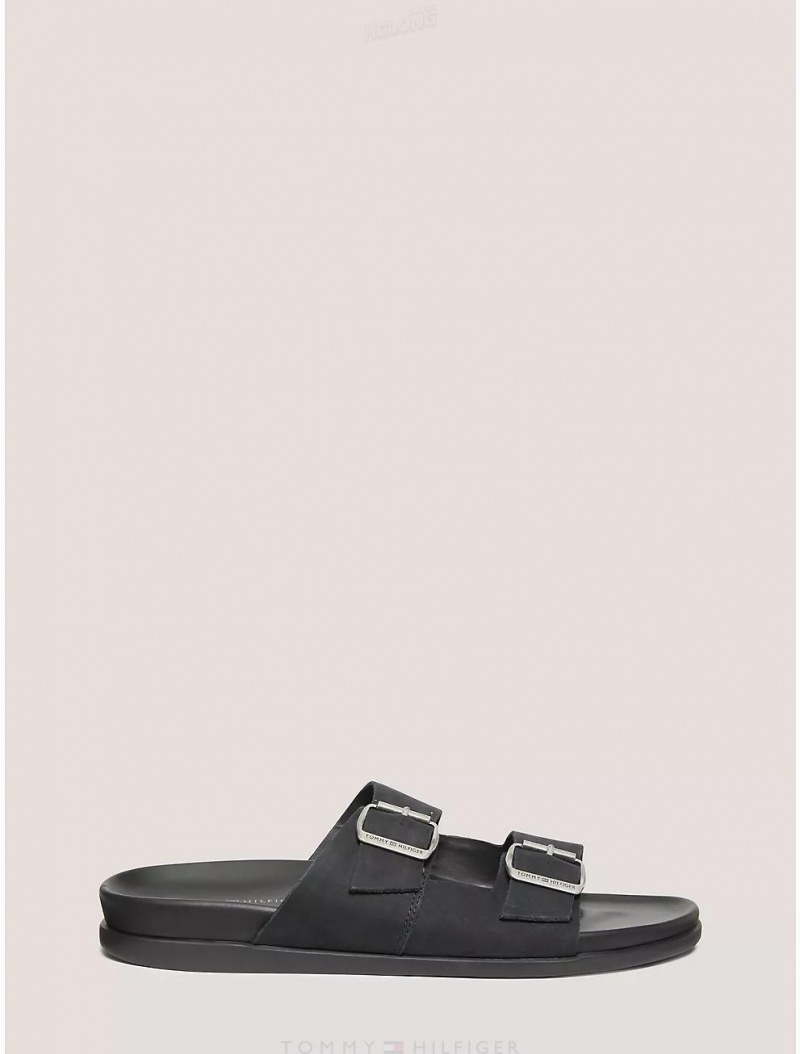 Tommy Hilfiger Double Strap Leather Sandal Shoes Black | 8459-ENMOS