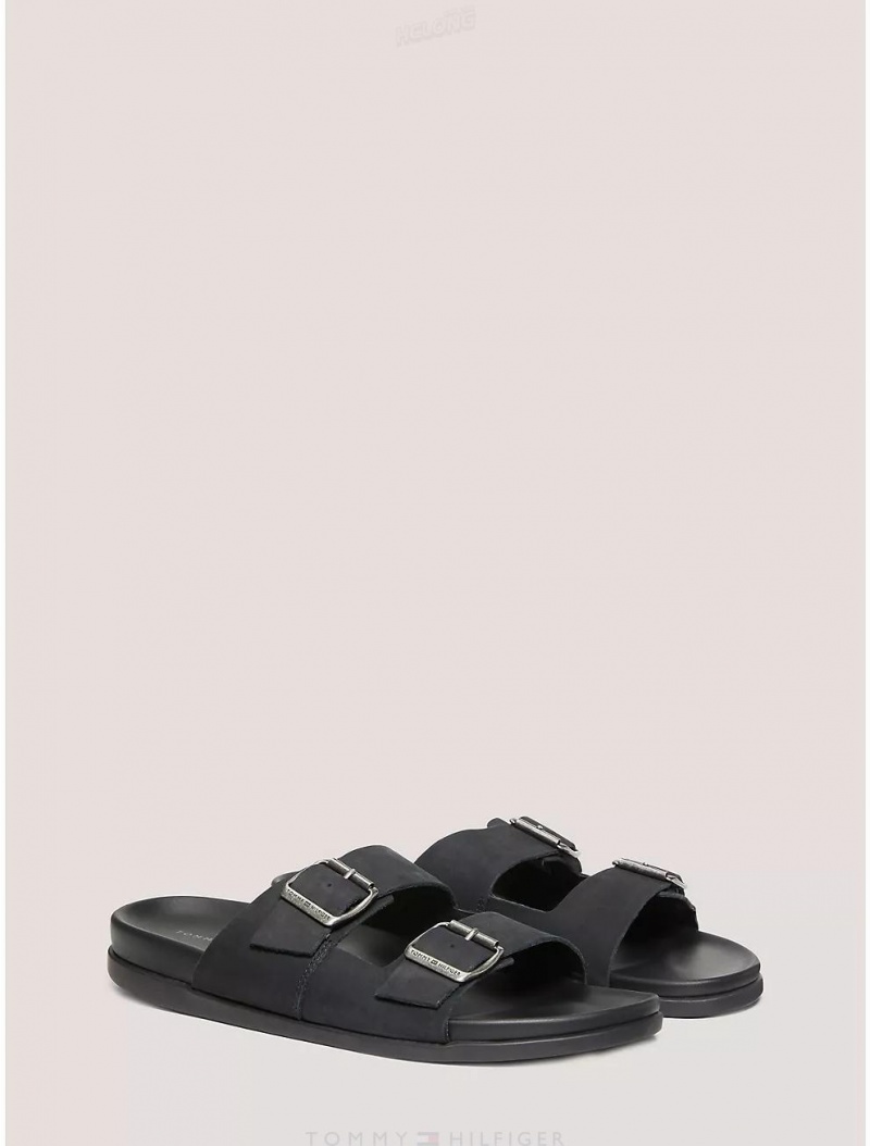 Tommy Hilfiger Double Strap Leather Sandal Shoes Black | 8459-ENMOS