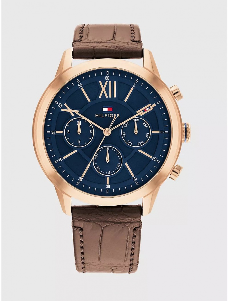 Tommy Hilfiger Dress Watch with Brown Leather Strap Watches Blue | 6195-PDROZ