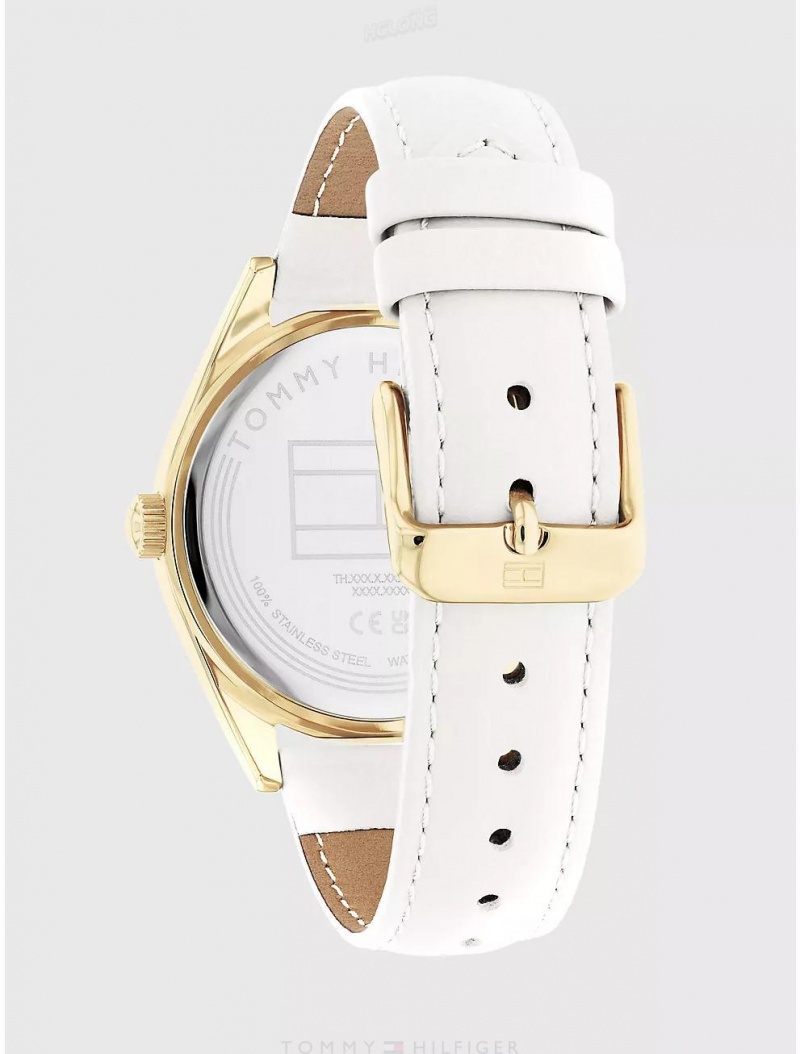 Tommy Hilfiger Dress Watch with White Leather Strap Watches White Mop | 6547-MZIWU