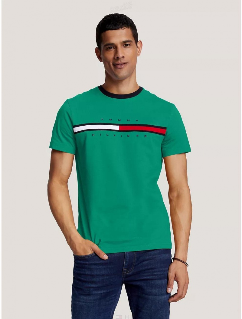 Tommy Hilfiger Embroidered Flag Stripe Logo T-Shirt T-Shirts Courtside Green | 8514-CHVUD