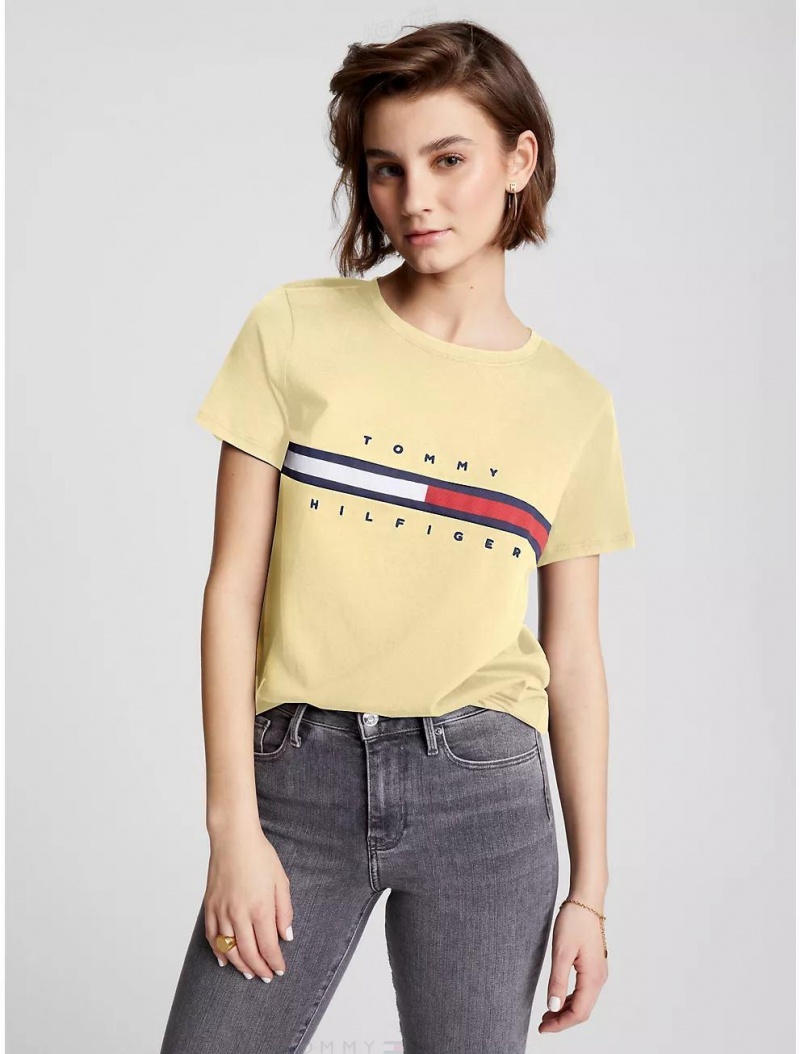 Tommy Hilfiger Embroidered Flag Stripe Logo T-Shirt T-Shirts & Polos Yellow Blossom | 4672-VUZAY