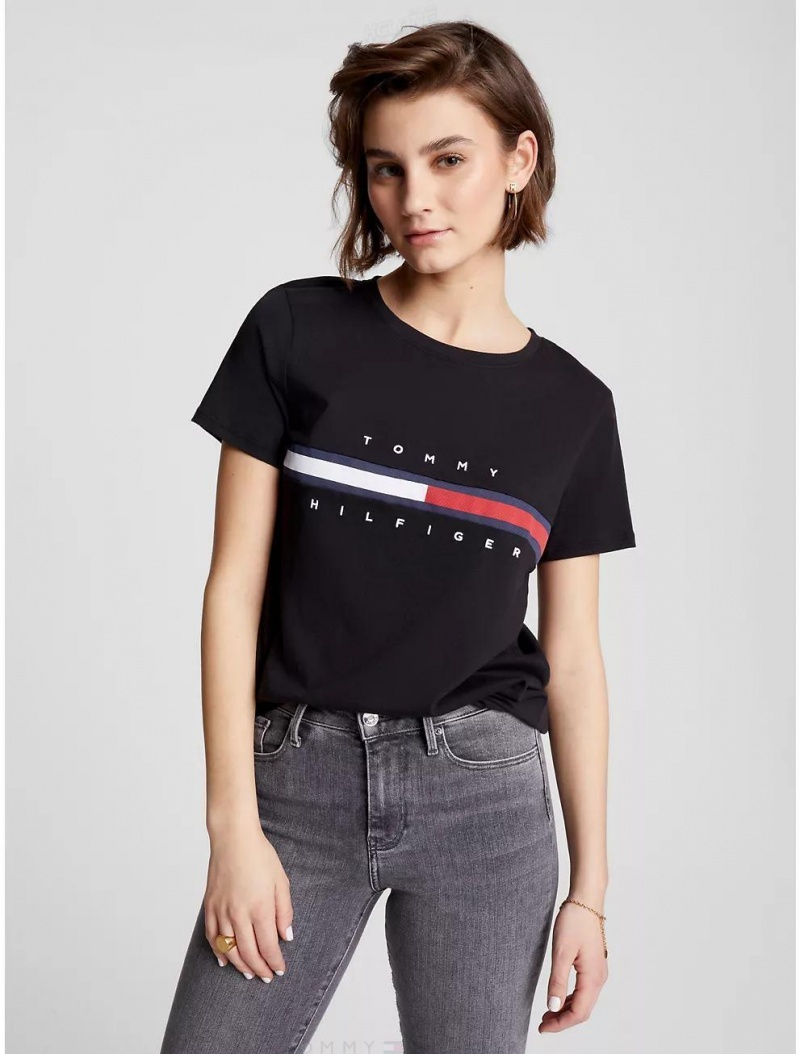 Tommy Hilfiger Embroidered Flag Stripe Logo T-Shirt T-Shirts & Polos Dark Sable | 3284-QKEVA