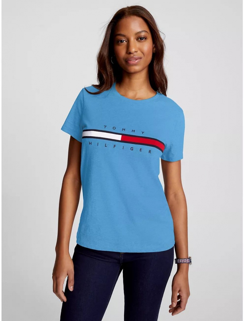 Tommy Hilfiger Embroidered Flag Stripe Logo T-Shirt T-Shirts & Polos Blue Burst | 9105-KMUNF