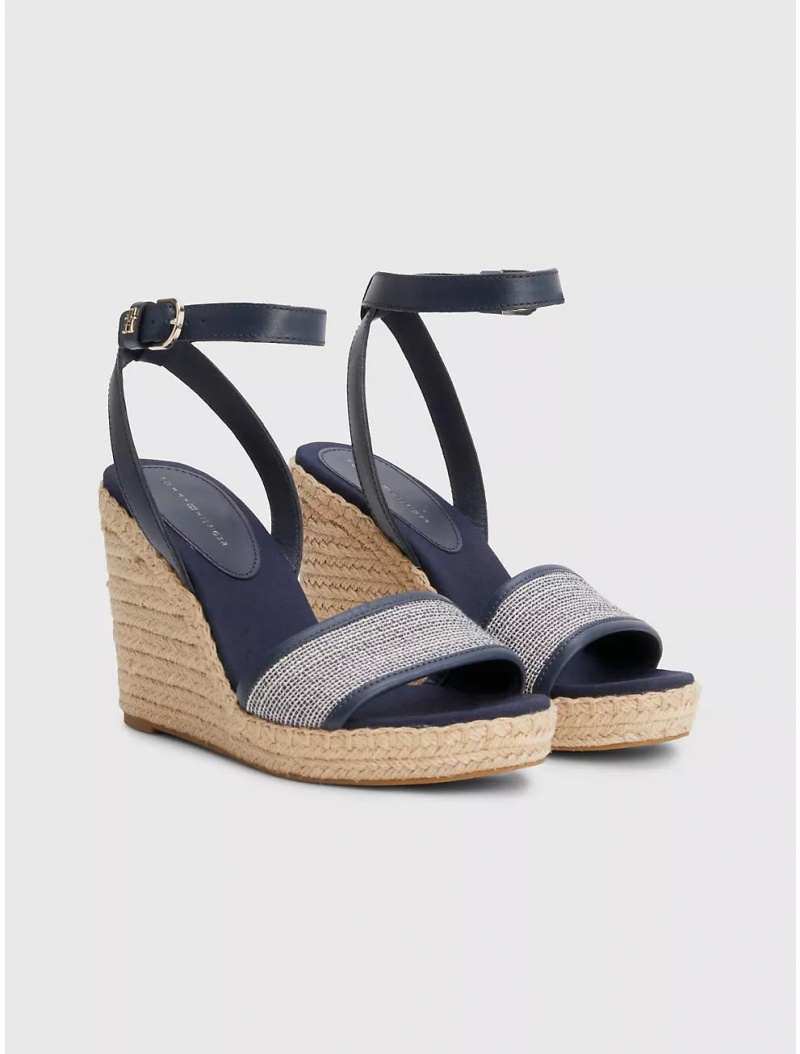 Tommy Hilfiger Espadrille Wedge with Leather Straps Shoes Space Blue | 8712-NRXCJ