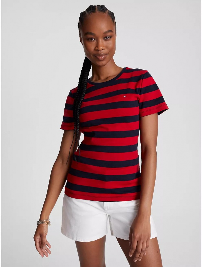 Tommy Hilfiger Favorite Crewneck Stripe T-Shirt T-Shirts & Polos Primary Red Multi | 0174-NIFAU