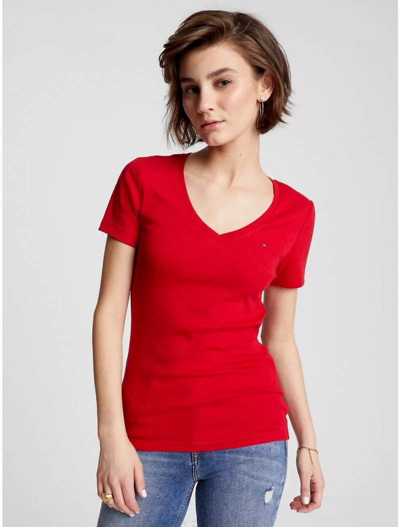 Tommy Hilfiger Favorite V-Neck T-Shirt T-Shirts & Polos Primary Red | 6275-OMNLK