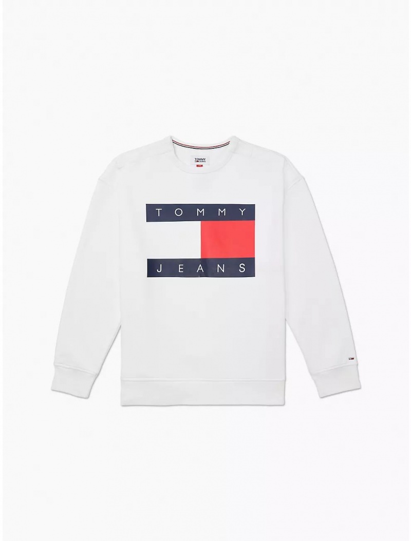 Tommy Hilfiger Flag Crewneck Tops Bright White | 2814-MSAGH