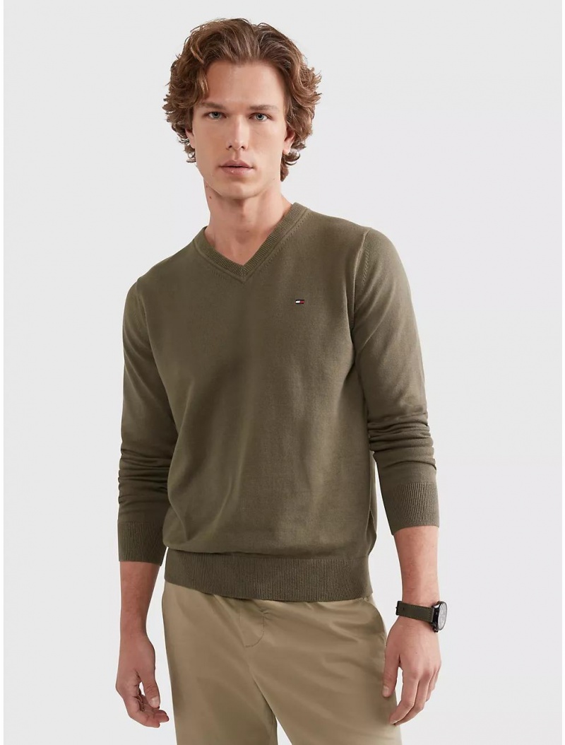 Tommy Hilfiger Flag Logo V-Neck Sweater Sweaters Army Green | 5480-QPHGB