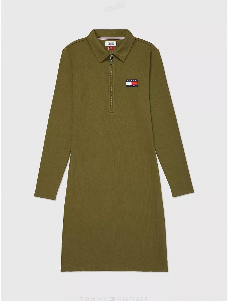 Tommy Hilfiger Flag Long-Sleeve Polo Dress Dresses & Skirts Evergreen Forest | 4097-BECGO